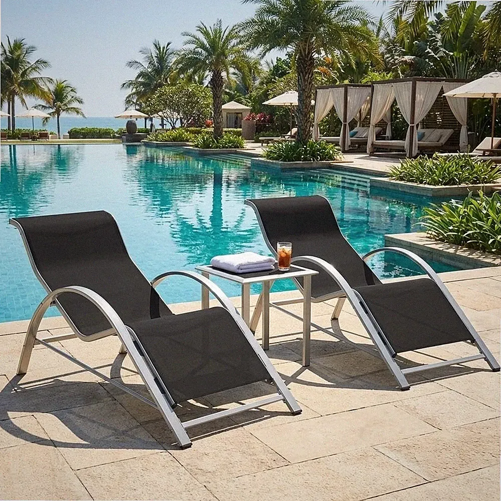 3 Piece Patio Lounge Chair Set w/2 Reclining Loungers & Side Table, Stackable