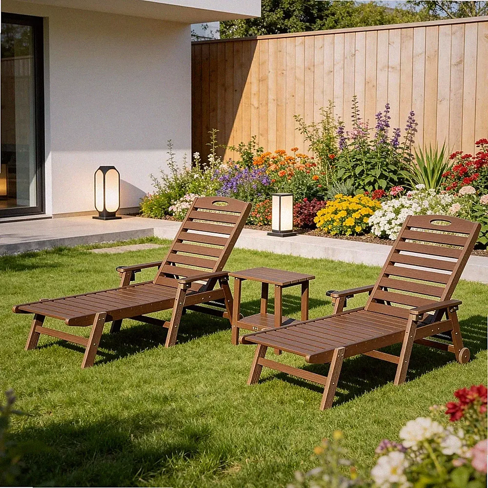 Domi Outdoor 2pcs HDPE Chaise Lounge w/Table&Reclining Backrest for Patio,Brown