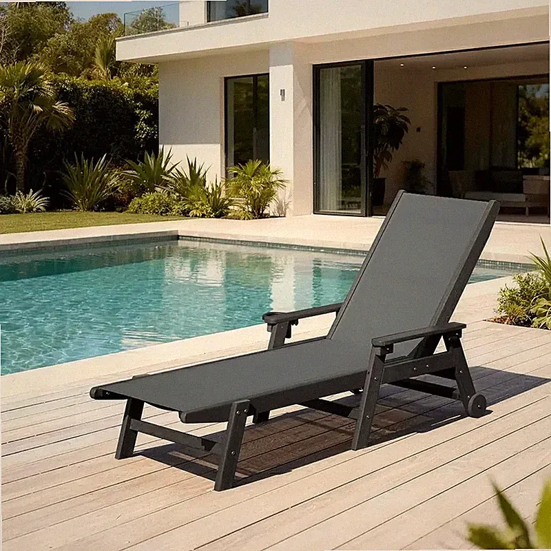 Domi Outdoor HDPE Chaise Lounge w/Arms,Reclining Backrest for Patio,Dark Gray