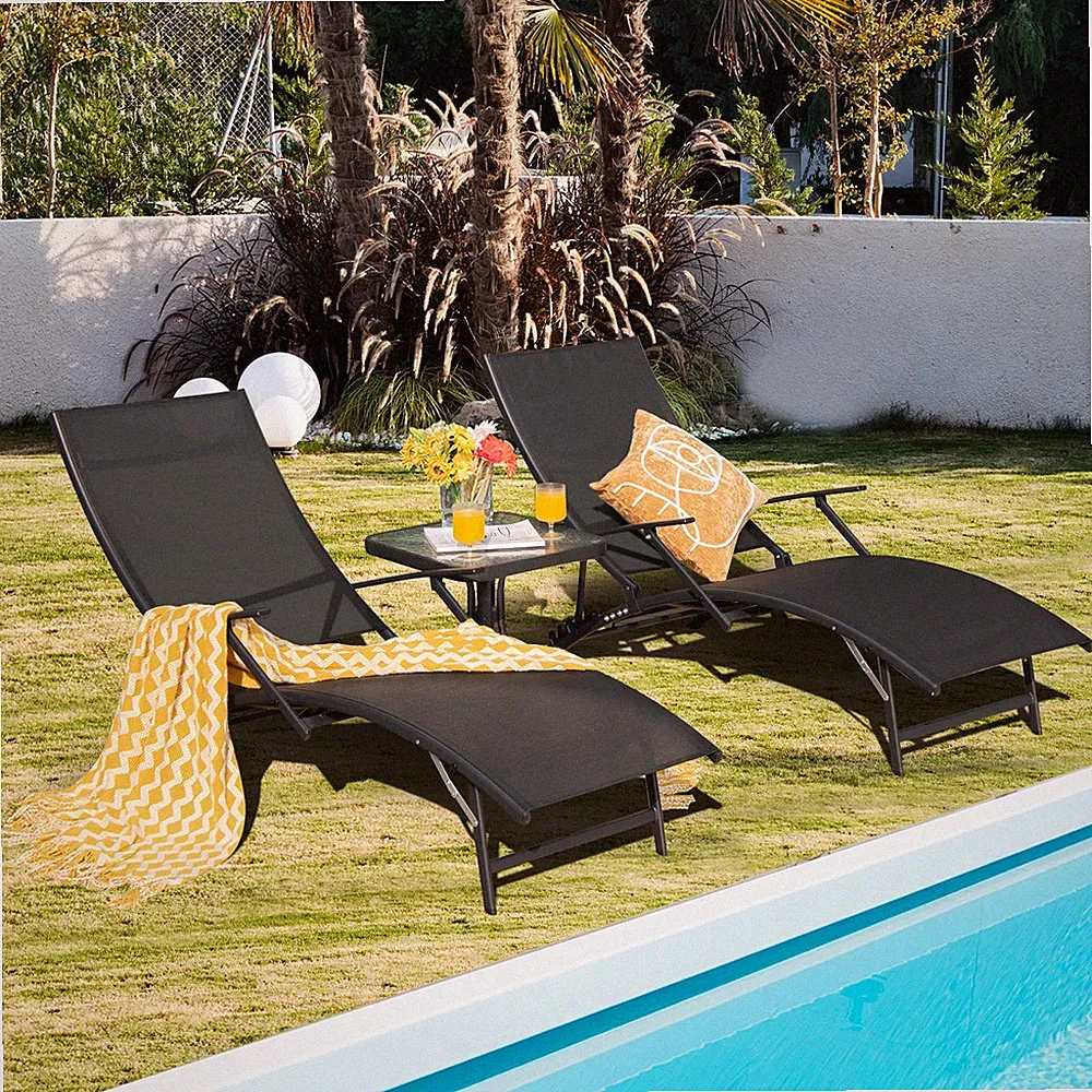 Patiojoy 2 PCS Outdoor Lounge Chair Chaise Foldable & Stackable Recliner Black