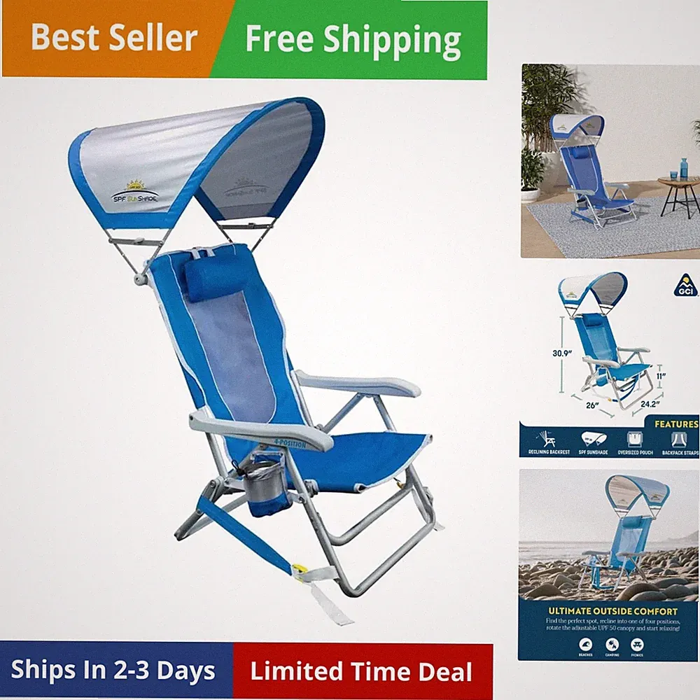 Sunshade Backpack Beach Chair | Reclining Folding Canopy Chair with Durable A...